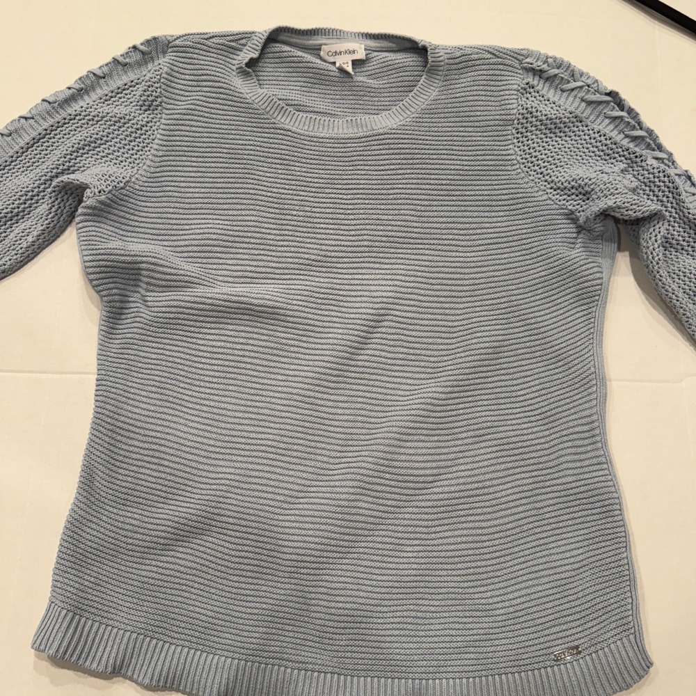 Calvin Klein Womens Blue Lace Up Sleeve Knit Sweater Top‎ Size Large